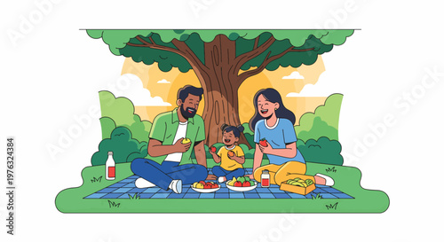 Illustration of a family enjoying a picnic under a tree on a sunny day with parents and child relaxing together.