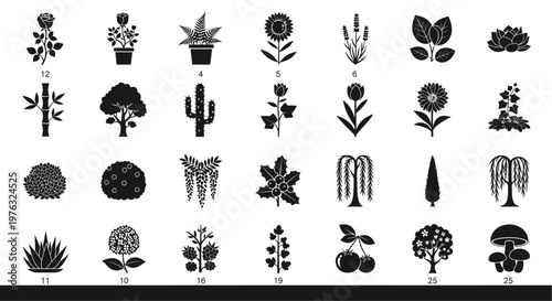 Collection of various plant and flower silhouettes.