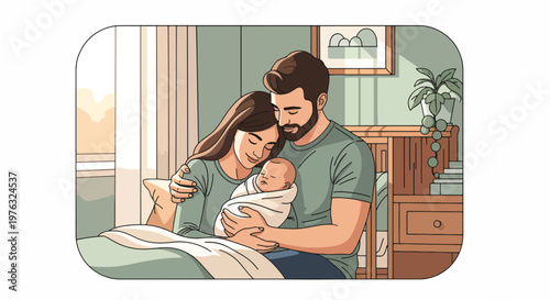 A loving young couple tenderly embracing their newborn baby on a bed in a cozy bedroom on a special family day.