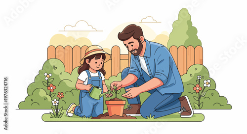 A father and daughter planting a flower in a garden on a sunny day with a wooden fence and lush greenery around them.