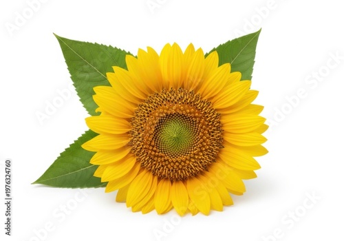 Beautiful sunflower with green leaves isolated on white background