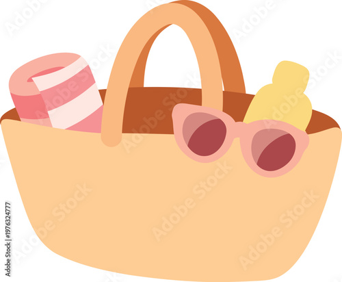 Minimal flat illustration of a beach bag with sunglasses, rolled towel, and sunscreen bottle. Perfect for summer icons, travel design, branding, and seasonal content.