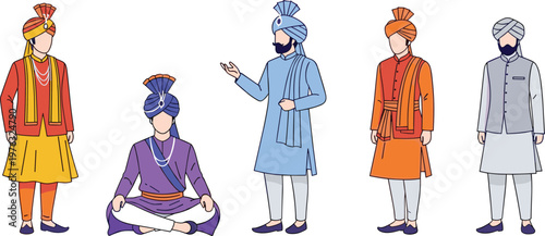 Traditional Indian Men in Cultural Attire with Turban and Ethnic Clothing Collection Featuring Diverse Poses and Regional Outfit Styles Vector Illustration Set