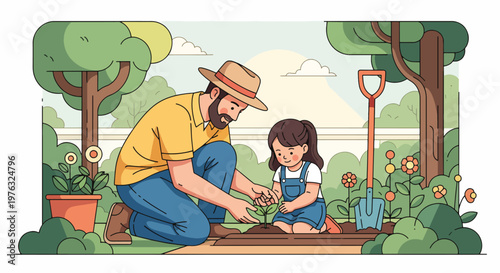 A man and a young girl planting a sapling together in a garden on a sunny day with trees and flowers around them.