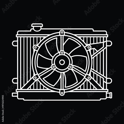 White Line Art Car Radiator with Fan Shroud Bracket Vector Icon 