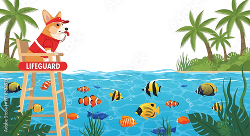 A cartoon corgi lifeguard sitting on a tower in the ocean surrounded by fish and palm trees
