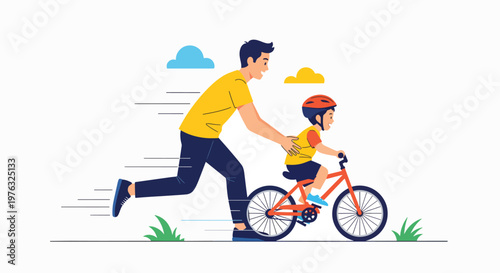 A father runs alongside his child riding a bike on a sunny day with a joyful and carefree mood in a stylized illustration.
