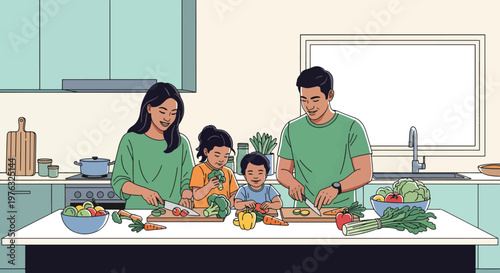 A family of four, two parents and two children, preparing a meal together in a modern kitchen on a family day.