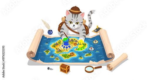 A curious cartoon cat in a hat and backpack studies a colorful treasure map with a magnifying glass and quill pen nearby.