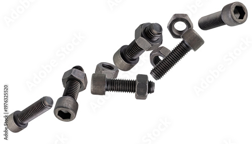 Foto Black, hardened round-head bolts for a special internal Allen key fly through space forming a chain shape