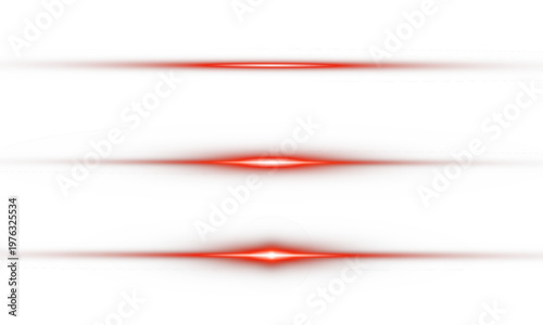 Red Horizontal Lens Flare Set with Thin, Soft Glow and Center Burst Light Beams Isolated on Transparent Background
