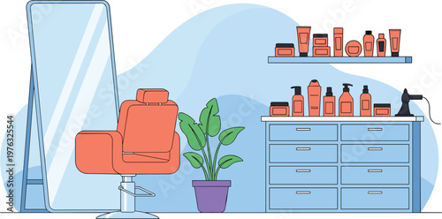 Hair salon interior with mirror chair and cosmetic products modern flat vector illustration for beauty studio and styling concept