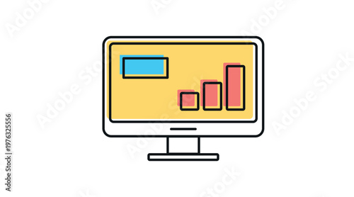 Photos Data analytics and business growth icon: desktop computer with bar chart on screen, soft colors offset fill and black line vector illustration