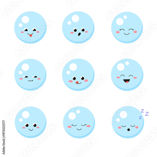 Set of blue shiny soap bubble circle shaped emoticon 