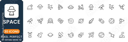 Space icon set featuring planets, stars, rockets, astronauts, galaxy elements, universe exploration, cosmic science and astronomy symbols