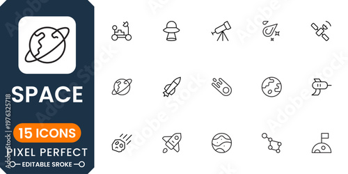 Modern space icons with planets, rockets, astronauts, satellites, galaxy objects, cosmic exploration and astronomy science elements