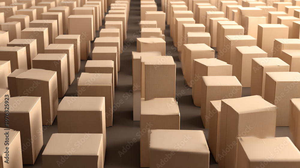 Fototapeta premium Aerial view of numerous identical cardboard boxes arranged in neat rows, representing logistics, distribution, and commerce.