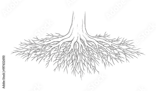 Line of tree trunk base and spreading root system roots