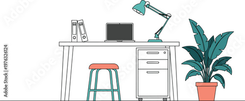 Minimal home office workspace with desk laptop lamp and plant modern interior flat vector illustration for remote work setup