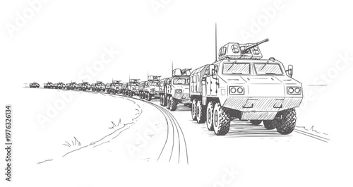 Military convoy of armored vehicles a road truck