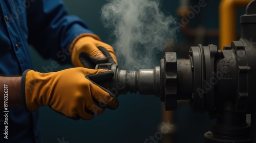 Industrial worker hand in protective glove turn valve with steam release. Focus on safety, machine operation, dark background, warm light 
