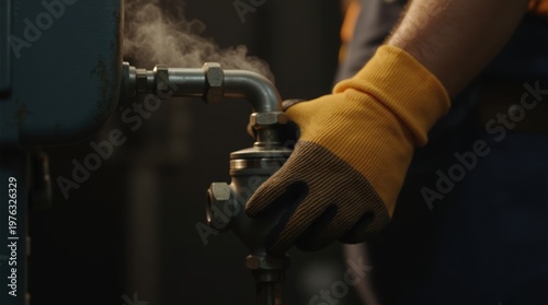 Industrial worker hand in protective glove turn valve with steam release. Focus on safety, machine operation, dark background, warm light 
