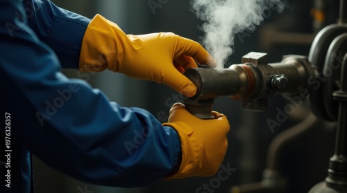 Industrial worker hand in protective glove turn valve with steam release. Focus on safety, machine operation, dark background, warm light 
