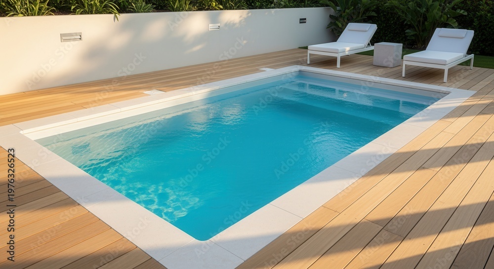 Fototapeta premium modern backyard pool with wooden deck and lounge chairs under sunny sky for relaxation