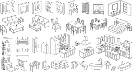 Isometric furniture set detailed line art of rooms tables chairs and interior elements isolated on transparent background