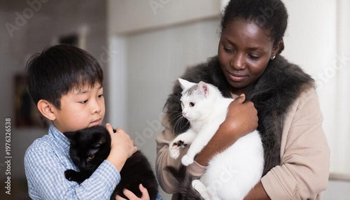 Professional photo of two people: a beautiful African American woman holding a white cat and a pensive Asian boy holding a black cat, indoors, detailed image, HD 8k