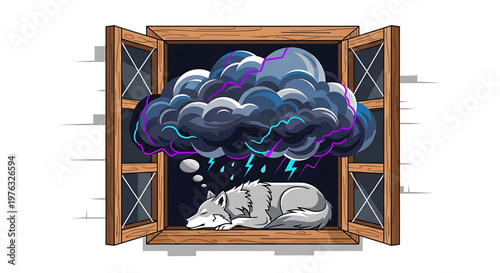 A vector graphic illustration of a wolf sleeping peacefully by an open window with a stormy night sky and a thought bubble of a thunderstorm cloud