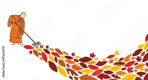 A monk in an orange robe raking colorful autumn leaves into a pile with a broom