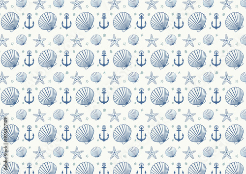 Patrón sin costuras con conchas y estrellas en estilo lineal azul claro.
