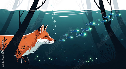 A vibrant illustration of a fox underwater, surrounded by glowing fish and trees in a serene aquatic environment.