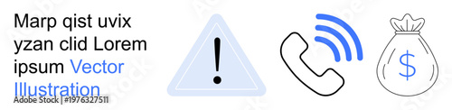 Fraud prevention, scam awareness, financial security, telecommunication, crime alert, risk warning. Triangle warning sign, phone icon with signal dollar bag symbol. Fraud prevention and scam