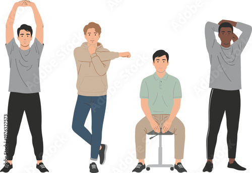 Diverse Men Doing Office Exercises and Body Stretching to Prevent Fatigue and Back Pain for Healthy Workplace Wellness Vector Illustration