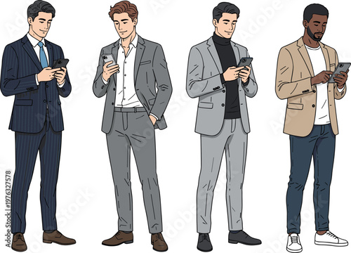 Diverse Group of Young Professional Men Using Smartphones Wearing Modern Business Suits and Casual Outfits in Minimalist Flat Illustration