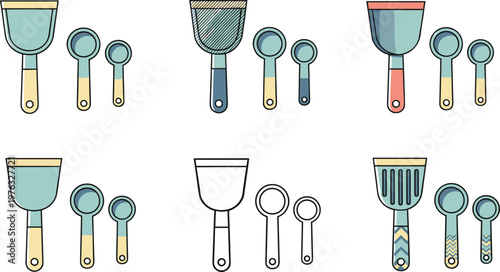 Modern Vector Kitchen Utensil Set Featuring Minimalist Flat Spatulas and Measuring Spoons with Unique Pastel Patterns and Decorative Textured Finishes