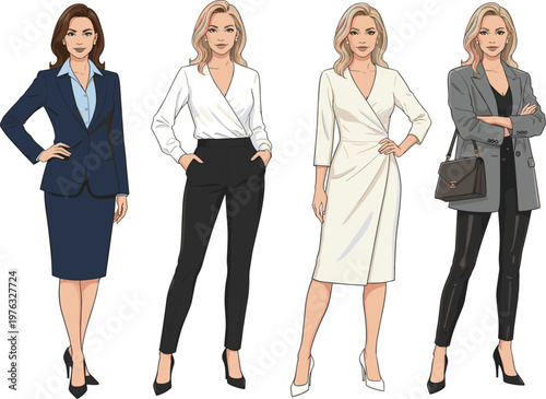Professional Women Business Attire Collection Featuring Formal Navy Suit Elegant Wrap Dress and Modern Corporate Blazer Outfits for Career Success