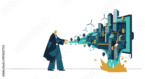 Businessman, destroying screen, technology explosion, innovation concept, vector illustration