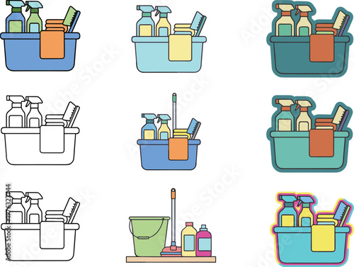 Vector illustration set of cleaning supplies in plastic caddy baskets featuring spray bottles brushes and towels for professional housekeeping services