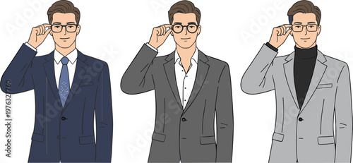 Professional Young Businessman Character Set Wearing Different Suits and Glasses Adjusting Frames with Confident Smile in Modern Flat Line Illustration