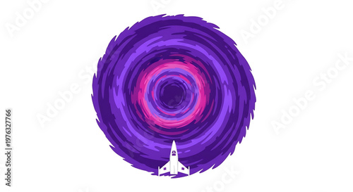 A vibrant purple and pink swirling vortex illustration with a white rocket ship blasting off into space