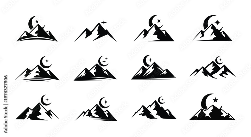 Fototapeta premium Collection of black mountain silhouettes with crescent moons and stars