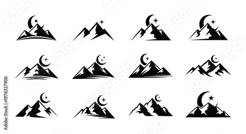 Collection of black mountain silhouettes with crescent moons and stars
