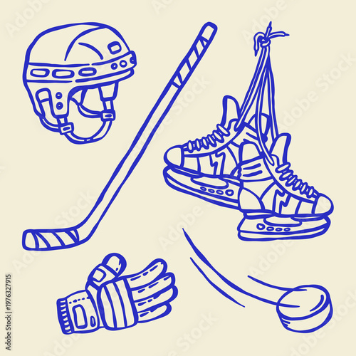 Hand-drawn hockey illustration set with helmet, stick, skates, glove, and puck in a clean line art style. Perfect for sports branding, merchandise, posters, and team content.