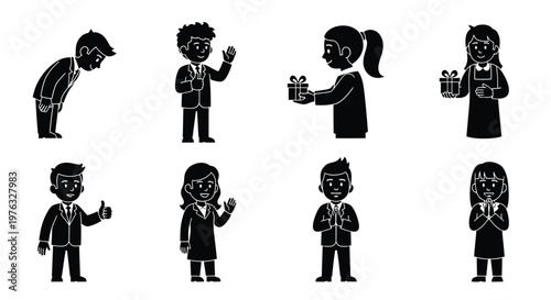 Black and white illustration depicting diverse people in various poses and interactions