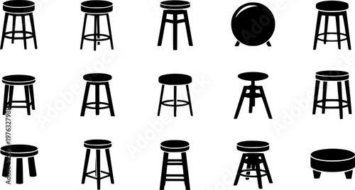 Chair icons set. Black silhouette of stool icon in flat style on white background. Vector illustration.