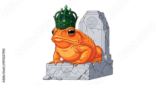 A cartoon frog wearing a green crown sits on a stone pedestal next to a tombstone