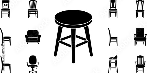 Chair icons set. Black silhouette of stool icon in flat style on white background. Vector illustration.